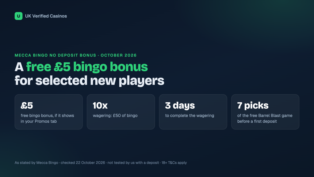 Mecca Bingo No Deposit Bonus (October 2026): Free £5 and Welcome Offer